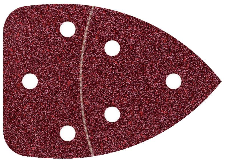 Un papier abrasif pour une ponceuse, de forme triangulaire avec des coins arrondis et six trous symétriques.
