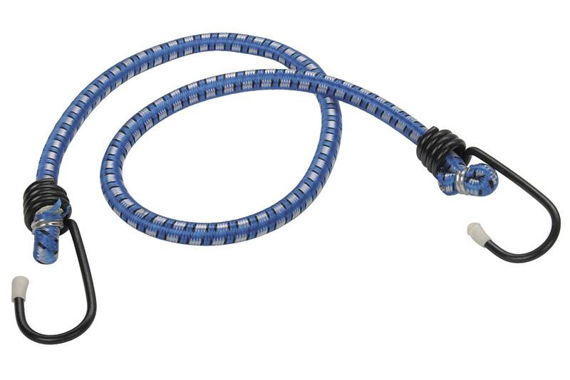 Crochet expansible bleu avec deux crochets métalliques à ses extrémités, souvent utilisé pour attacher des objets sur des vélos ou dans des voitures.