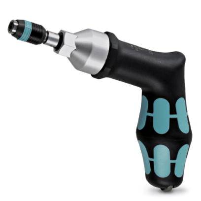 Un tournevis pneumatique noir et bleu avec une poignée ergonomique et une tête en métal. Idéal pour les travaux de précision.