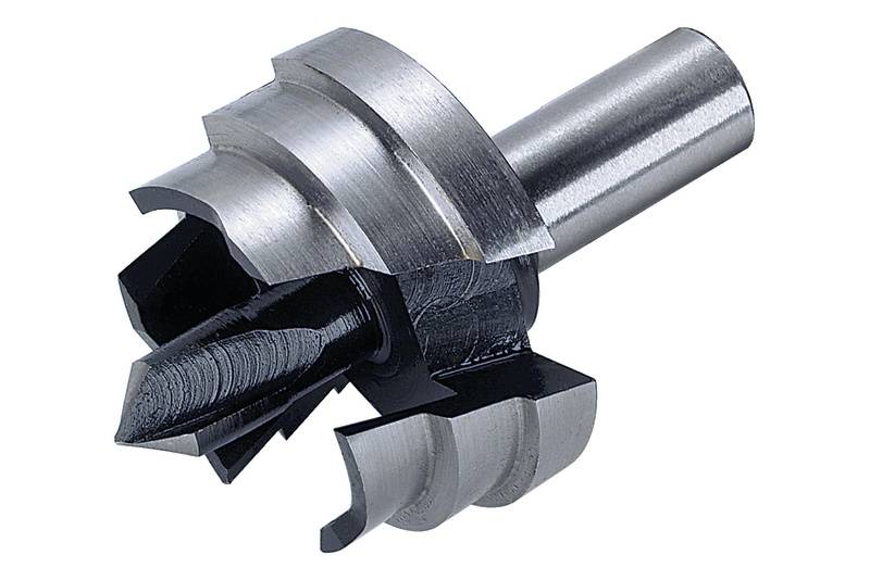 Outil de coupe en métal avec pointe dentée et tige cylindrique, adapté pour percer de grands trous dans le bois ou le métal.