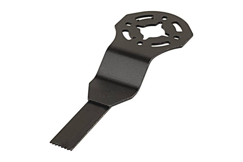 Une lame de scie noire à bord dentelé et avec un trou central en forme d'étoile, adaptée aux outils oscillants.