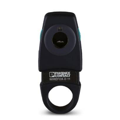Un coupe-câbles noir avec un trou ovale et une lame bleue, le logo de marque 'Phoenix Contact' et le nom de modèle 'Wirefox-D 11' bien visible.