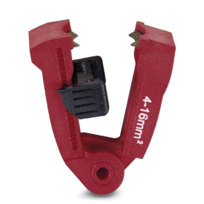 Outil de dénudage rouge pour câbles de section 4-16 mm², avec poignée ergonomique et mécanisme réglable.