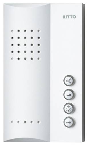 Poste d'interphone blanc à quatre boutons sur la droite, portant l'inscription « RITTO » en lettres majuscules, probablement destiné à la communication de porte dans des immeubles résidentiels.