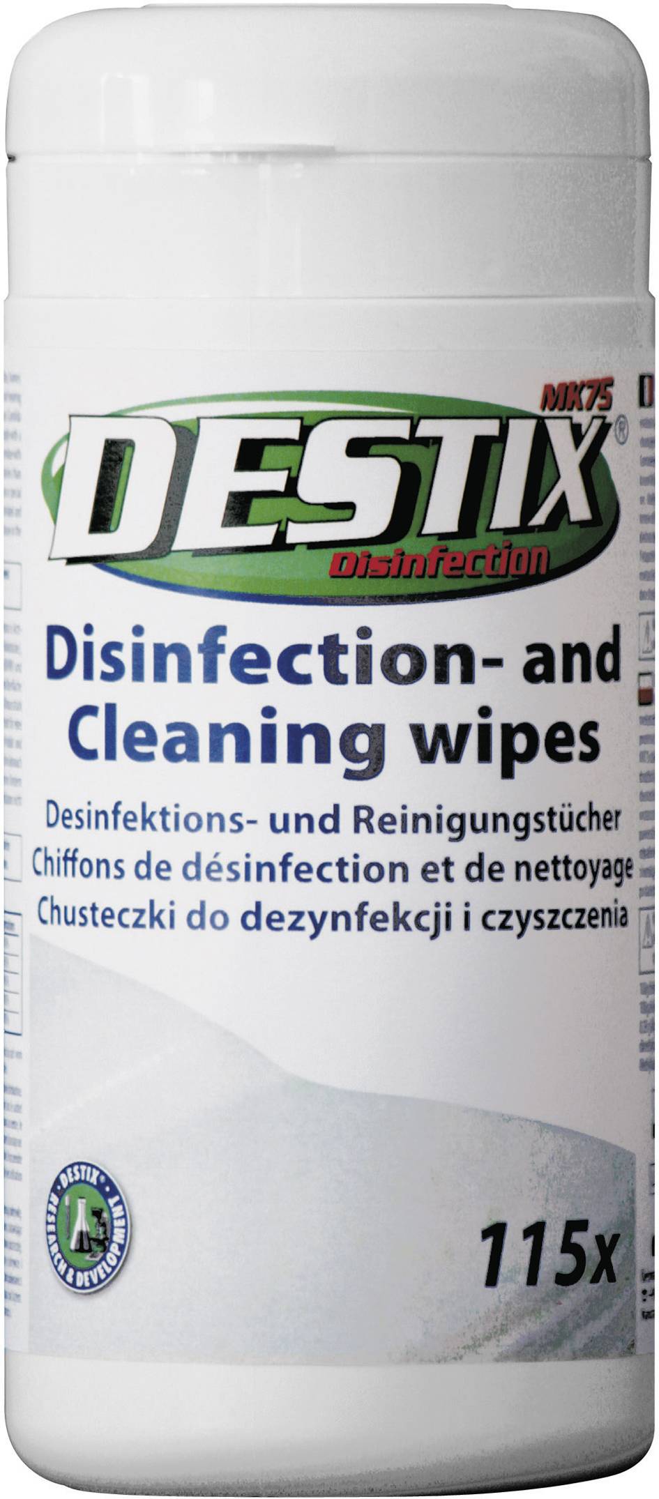 Conteneur de lingettes désinfectantes et nettoyantes 'Destix', 115 lingettes. Texte multilingue sur l'emballage.