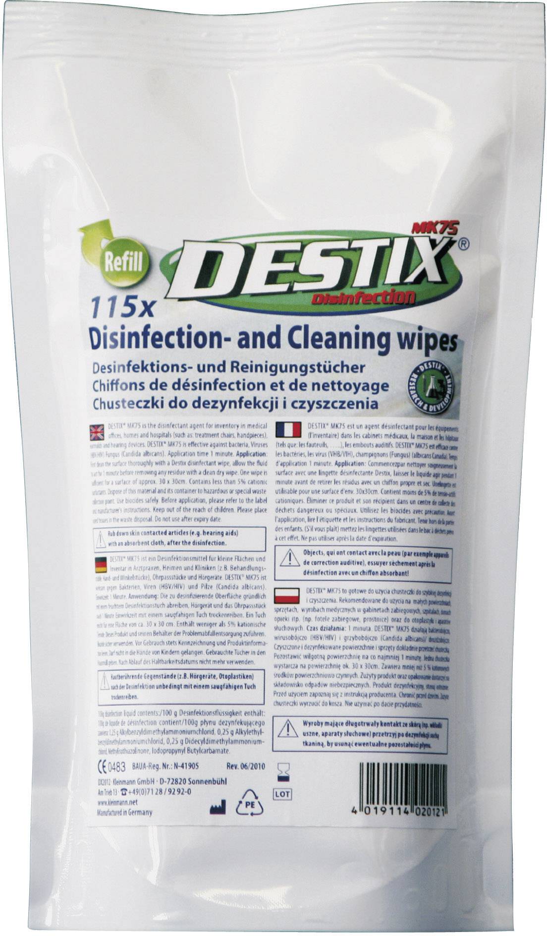 Emballage des lingettes désinfectantes et nettoyantes 'DESTIX'. Contient 115 lingettes pour le nettoyage et la désinfection. Textes en plusieurs langues.