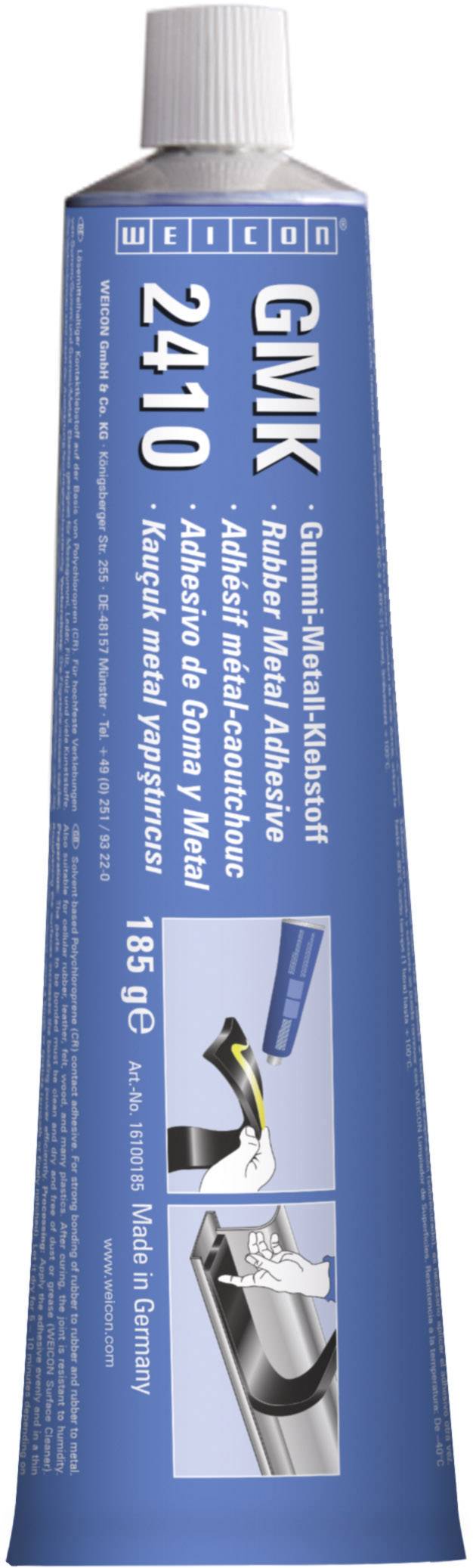 Tube de colle de la marque Weicon, modèle GMK 2410, étiquette bleue, 185 g. Adapté pour le collage de métaux. Fabriqué en Allemagne.
