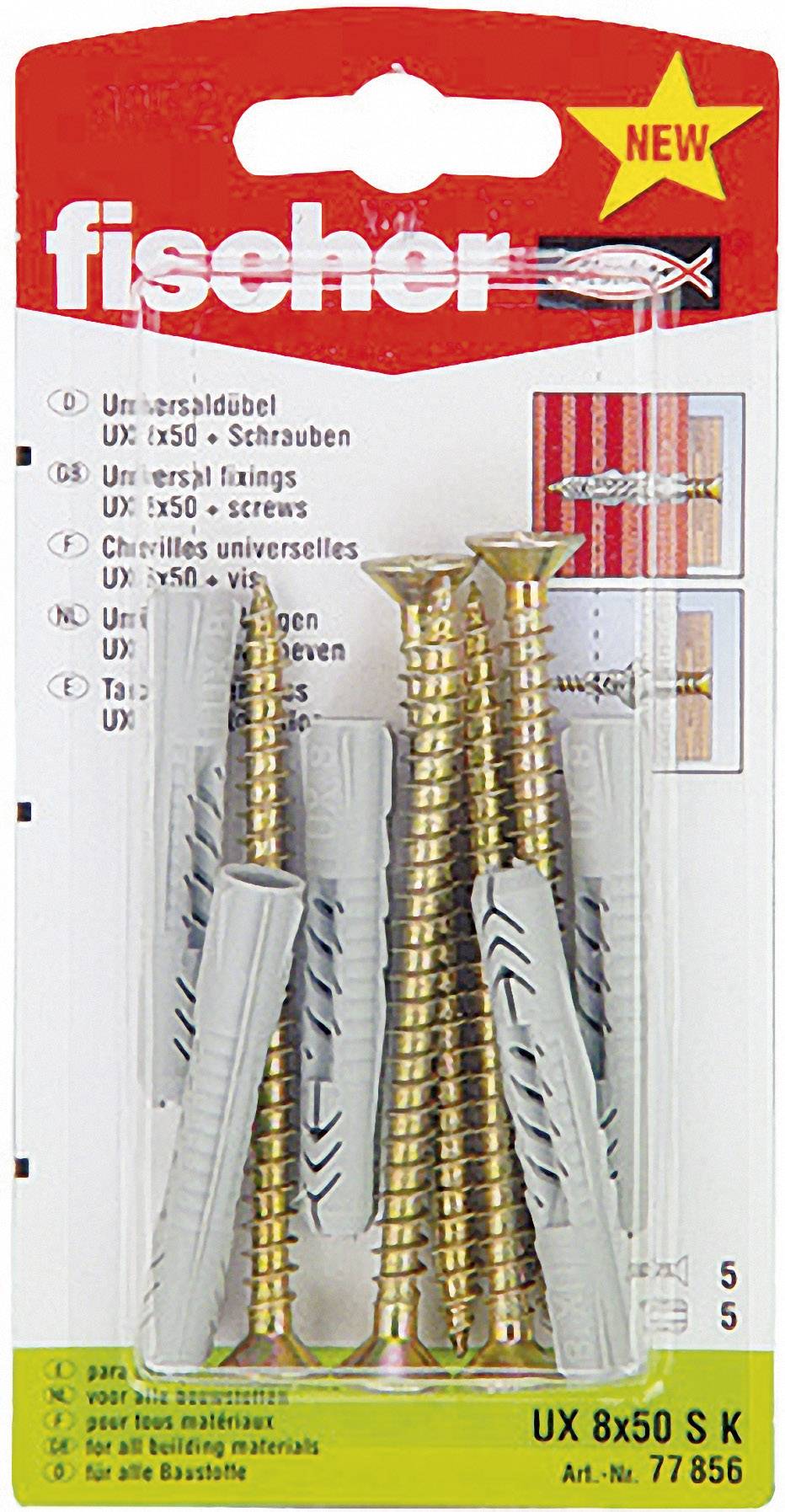 Chevilles universelles UX 8x50 SK Nylon 8 mm + vis, 5 pièces, Fischer 77856