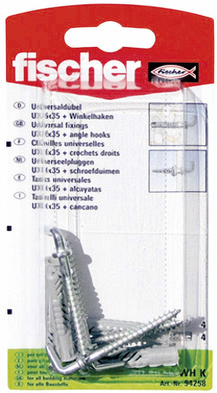 Chevilles universelles UUX 6x35 WHK Nylon 6 mm + crochet droit, 4 pièces, Ficher 94258