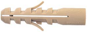 Un cheviller beige utilisé pour la fixation murale. Il présente plusieurs fentes latérales et convient à différentes tailles de vis.