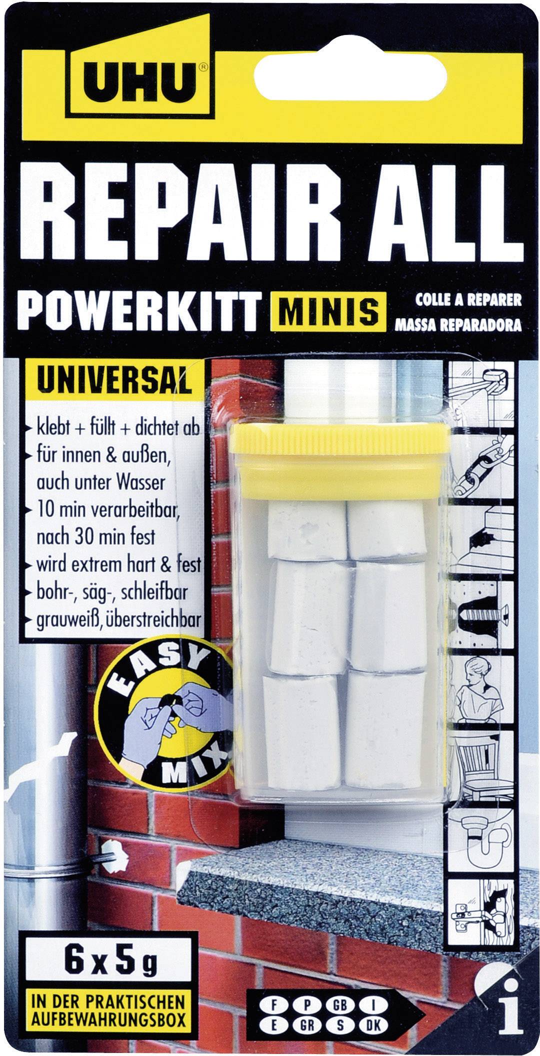 Emballage de la masse adhésive 'UHU Repair All Powerkitt Minis'. Contient cinq sticks de 5g dans un boîtier de rangement jaune. Adapté pour des réparations étanches à l'intérieur comme à l'extérieur.