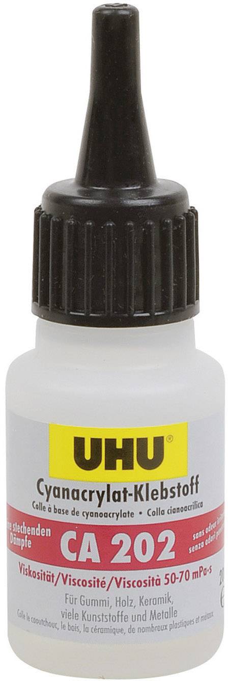 Colle cyanacrylate UHU, CA 202, adaptée au caoutchouc, au bois, à la céramique, aux plastiques et aux métaux.