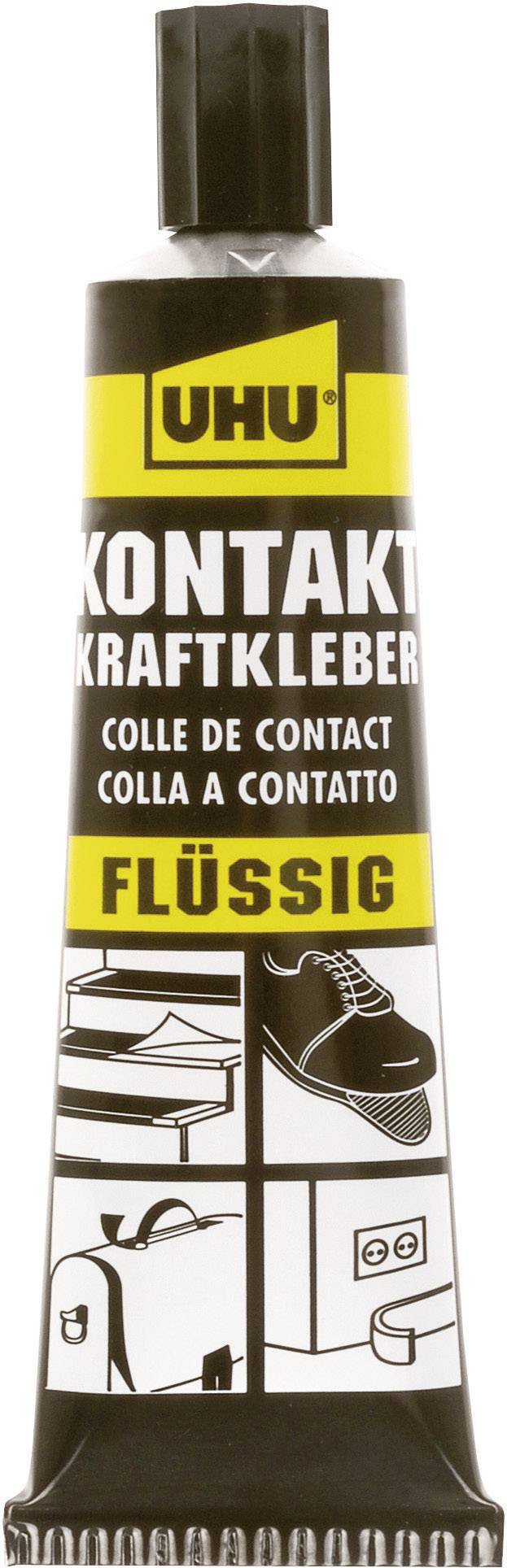 Un tube de colle contact UHU, à consistance liquide, pour une utilisation sur bois, cuir, métal et plus, au design jaune et noir.