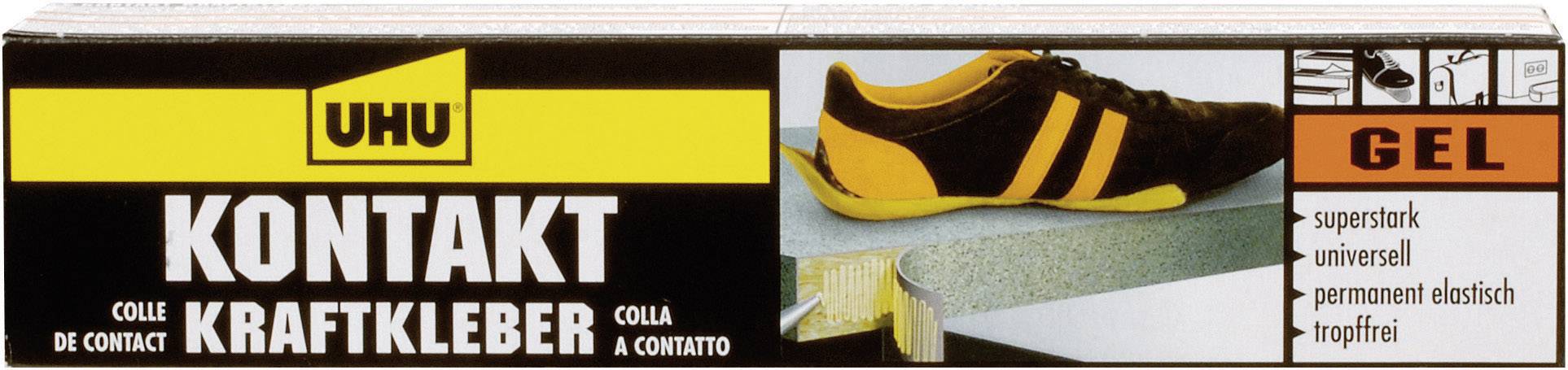'Emballage de la colle contact UHU Gel, avec l'image d'une chaussure collée à une plaque ; pour des connexions super fortes et durables.'