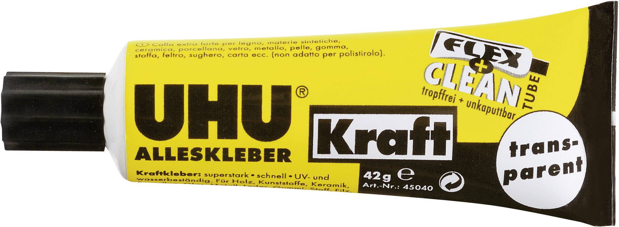 Colle UHU Kraft Universel, tube de 42g, colle transparente puissante, adaptée au bois, tissu, verre ; tube Flex + Clean.