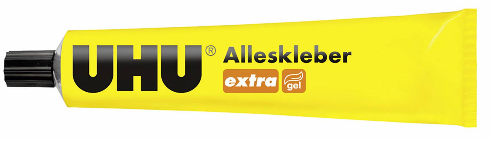 Tube jaune 'UHU Alleskleber' avec l'inscription 'extra gel'. Colle haute performance pour de multiples matériaux.