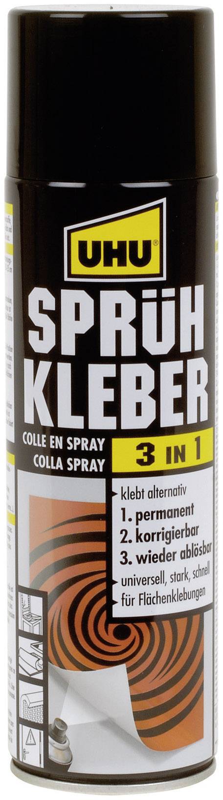 Colle en spray UHU 3-en-1, adaptée aux applications permanentes, réversibles et repositionnables, idéale pour le collage de surfaces.