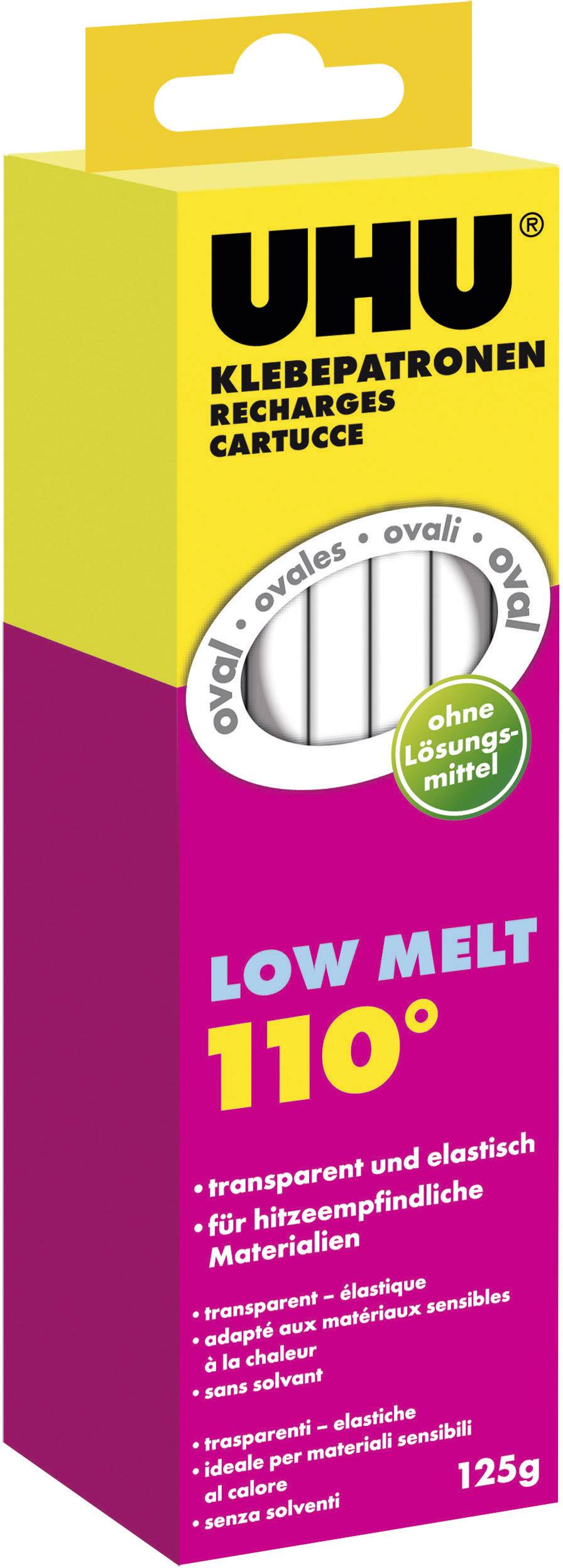 Bâtons de colle UHU en emballage jaune et rose, étiquetés 'LOW MELT 110°', idéaux pour les matériaux sensibles à la chaleur, sans solvant.