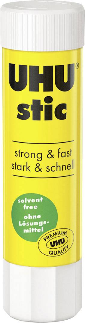 Colle en stick UHU, conteneur jaune avec un capuchon blanc, inscription : 'strong & fast, fort & rapide', sans solvant.