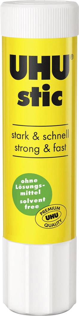 Bâton de colle jaune portant l'inscription 'UHU stic', 'fort & rapide', 'sans solvant', 'Qualité PREMIUM'.