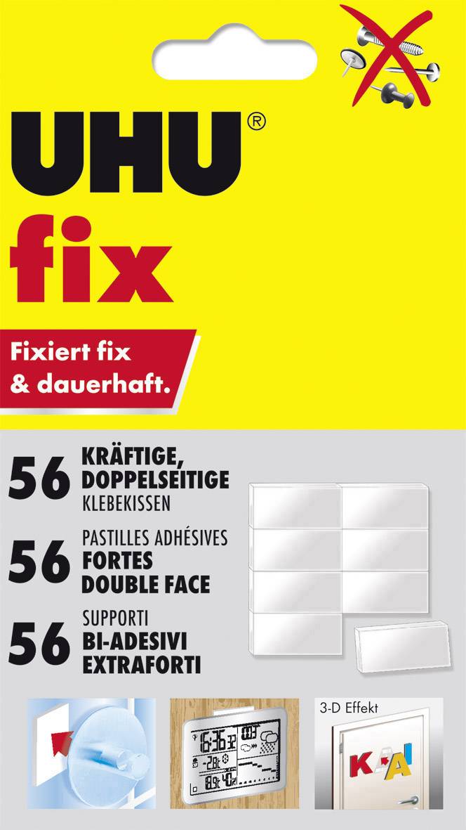 Emballage 'UHU fix' contenant '56 coussinets adhésifs puissants, double face' pour une fixation durable. Des images illustrent des exemples d'utilisation.