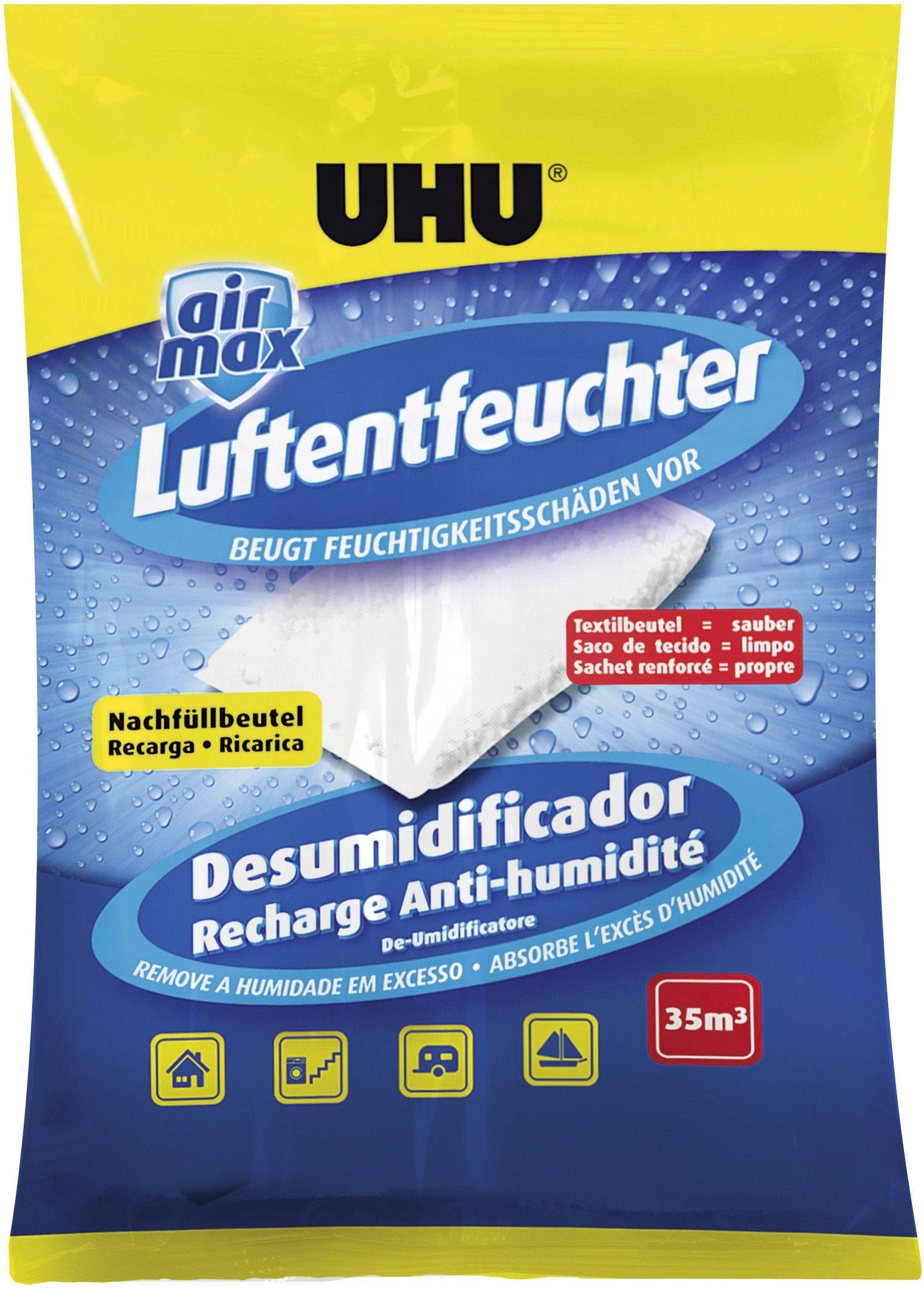 Absorbeur d'humidité UHU en sachet de recharge dans un emballage en plastique. Le texte décrit les fonctions d'absorption de l'humidité et les possibilités de nettoyage.