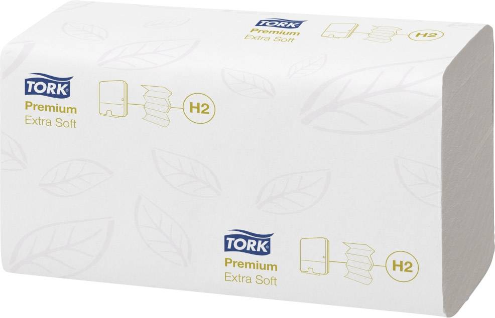 Essuie-mains en papier de la marque 'Tork', type 'Premium Extra Soft', avec symbole H2, sur emballage à motif de feuilles.