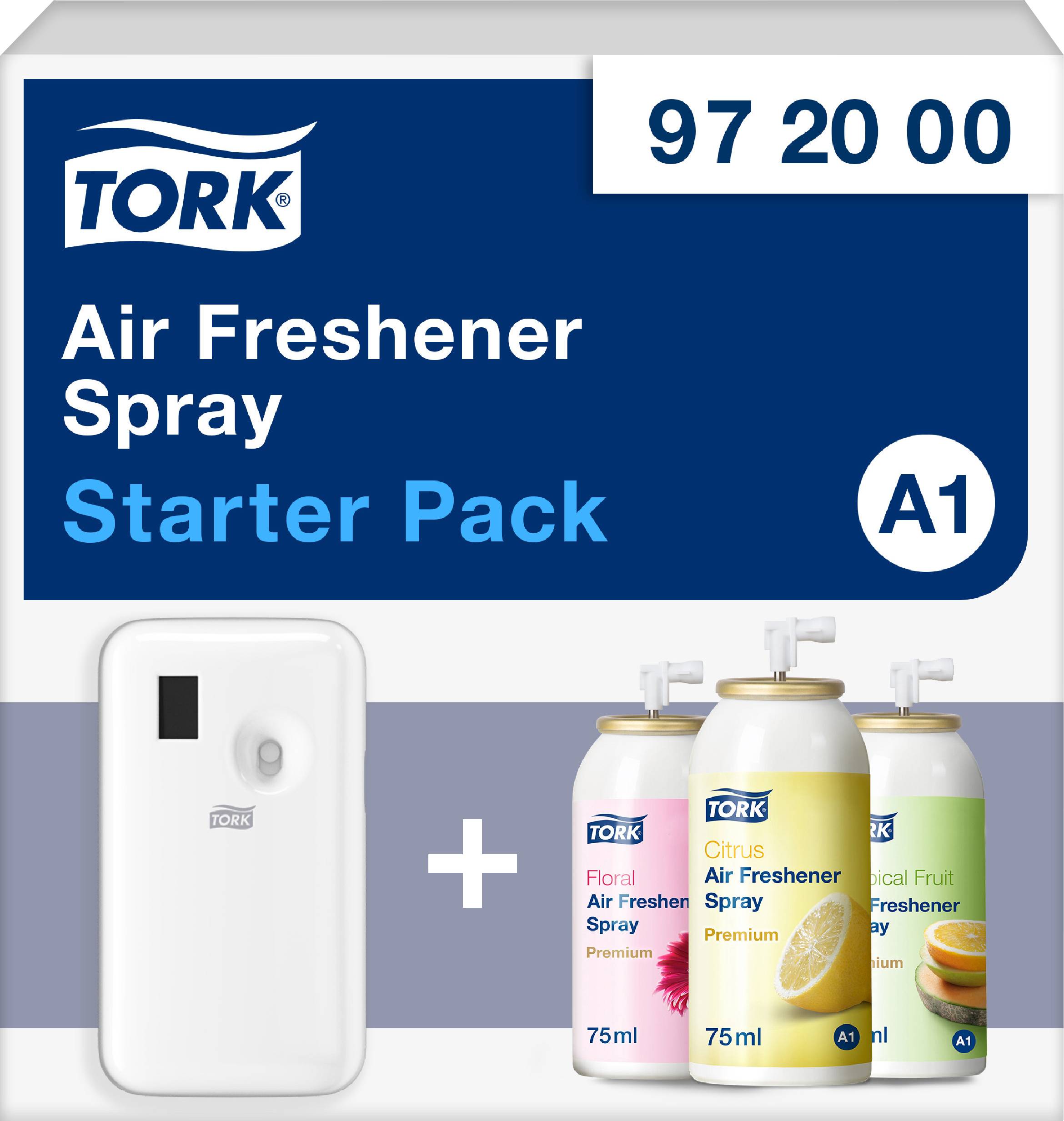 Pack de démarrage de désodorisant en spray A1 de Tork, comprenant trois aérosols (Floral, Agrumes, Fruits Tropicaux) et un distributeur.