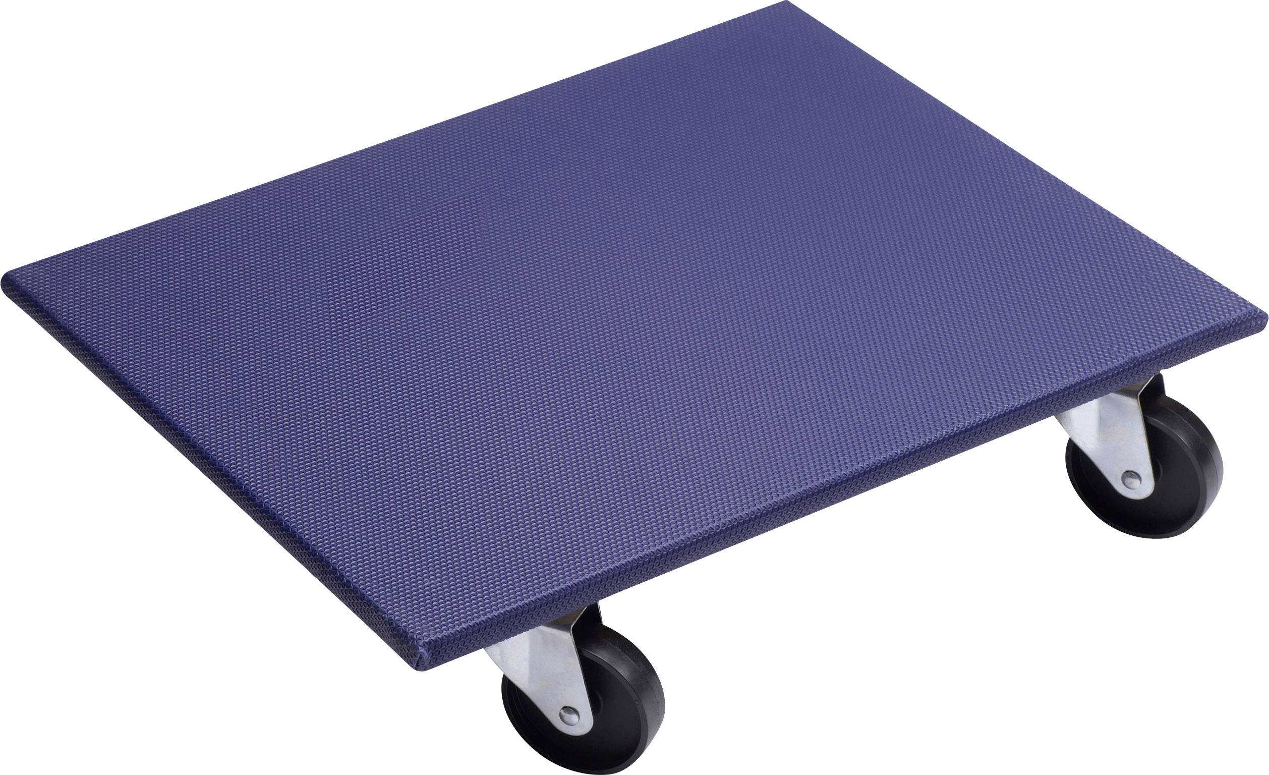 Plateforme de transport bleue rectangulaire équipée de quatre roulettes noires, adaptée au déplacement d'objets lourds.