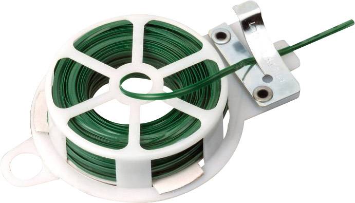 Une bobine de fil vert dans un support en plastique blanc avec une pince métallique tenant l'extrémité du fil.