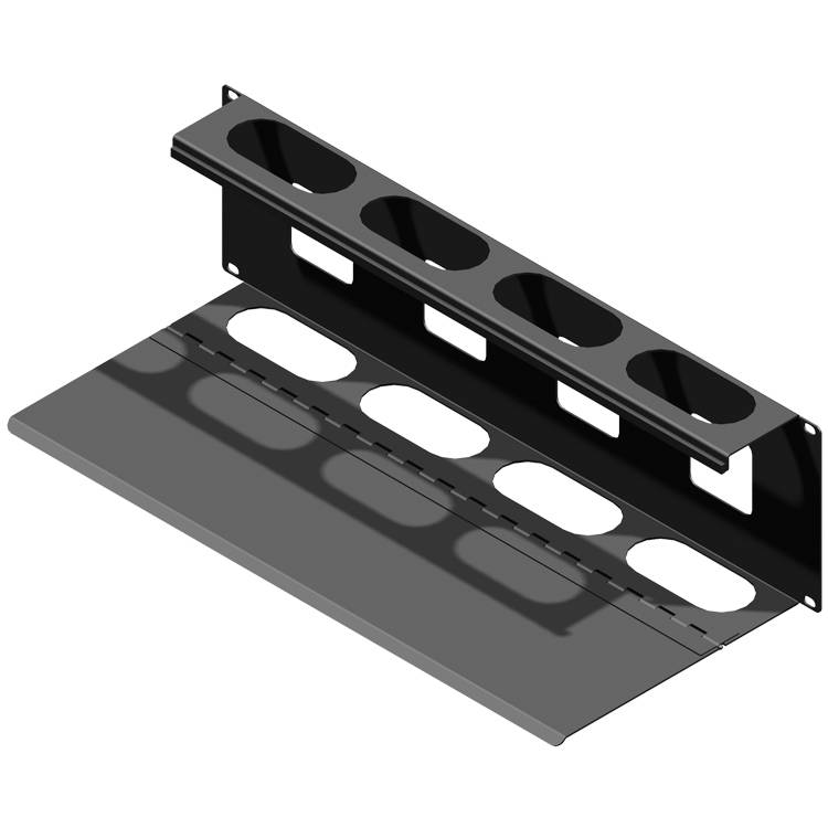 Support de gestion de câbles en métal noir avec couvercle amovible et six ouvertures ovales pour l'organisation des câbles.