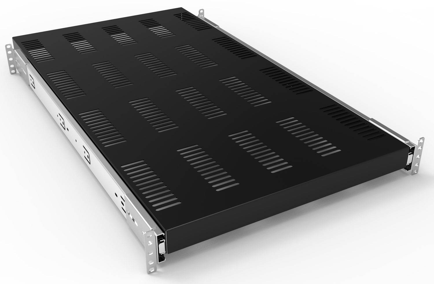 Un panneau de support de rack métallique noir et rectangulaire, avec un motif de trous pour la ventilation, est positionné horizontalement sur un fond blanc.