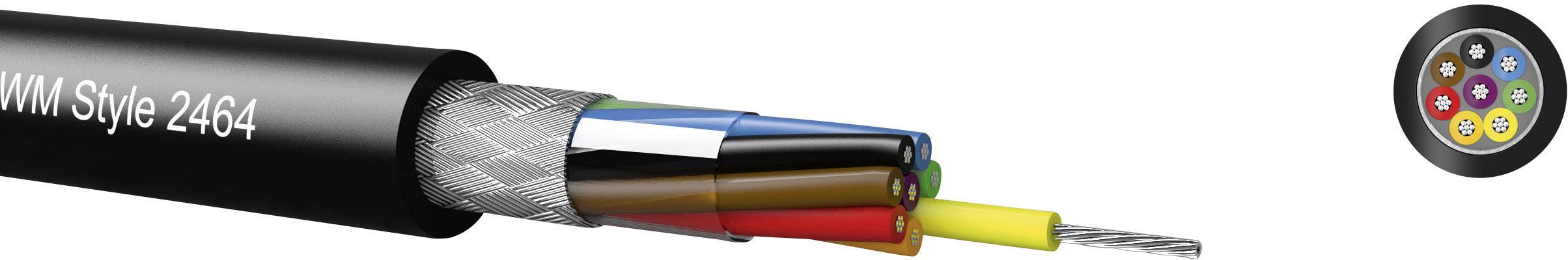 Un câble avec plusieurs conducteurs colorés, portant l'étiquette 'AWM Style 2464'. La coupe transversale à droite montre la disposition interne des fils.