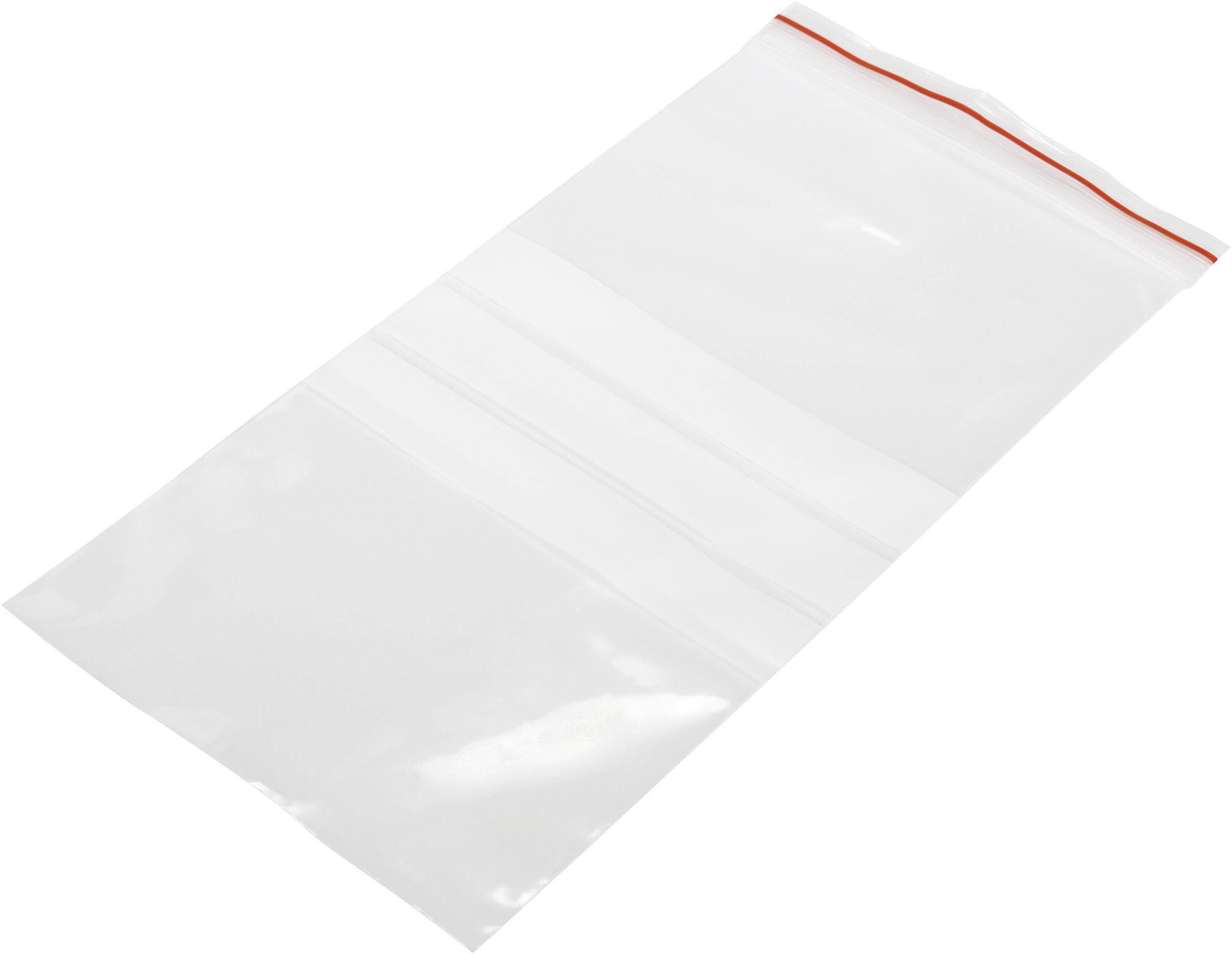 Un sachet en plastique transparent et refermable avec une bande de fermeture à glissière rouge.