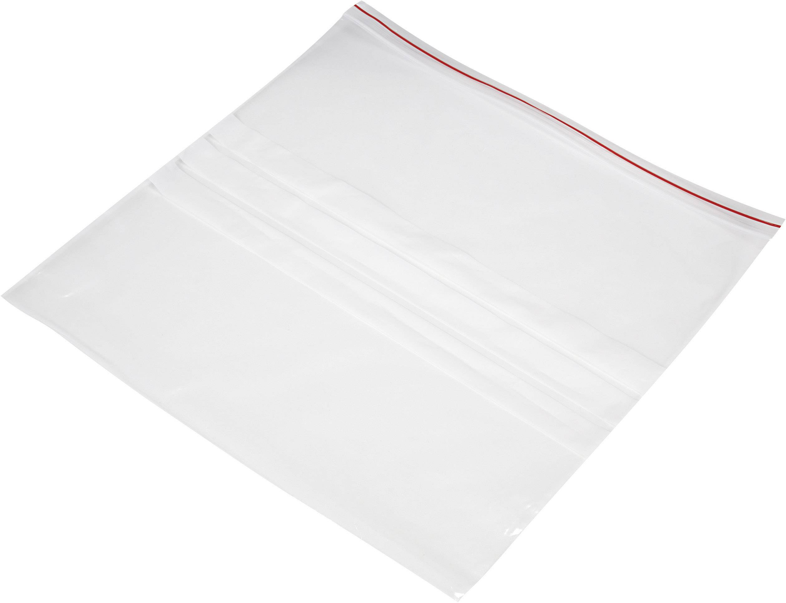 Sac en plastique transparent, refermable, avec une bande de fermeture rouge en haut, destiné au rangement d'objets.