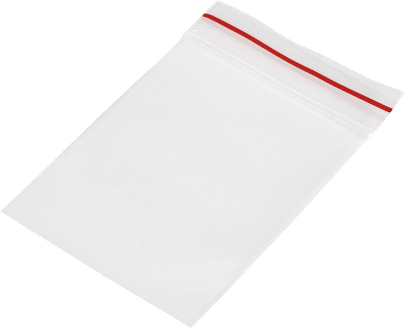 Un sac en plastique transparent avec une fermeture à glissière rouge, ouvert. Idéal pour ranger de petits objets.