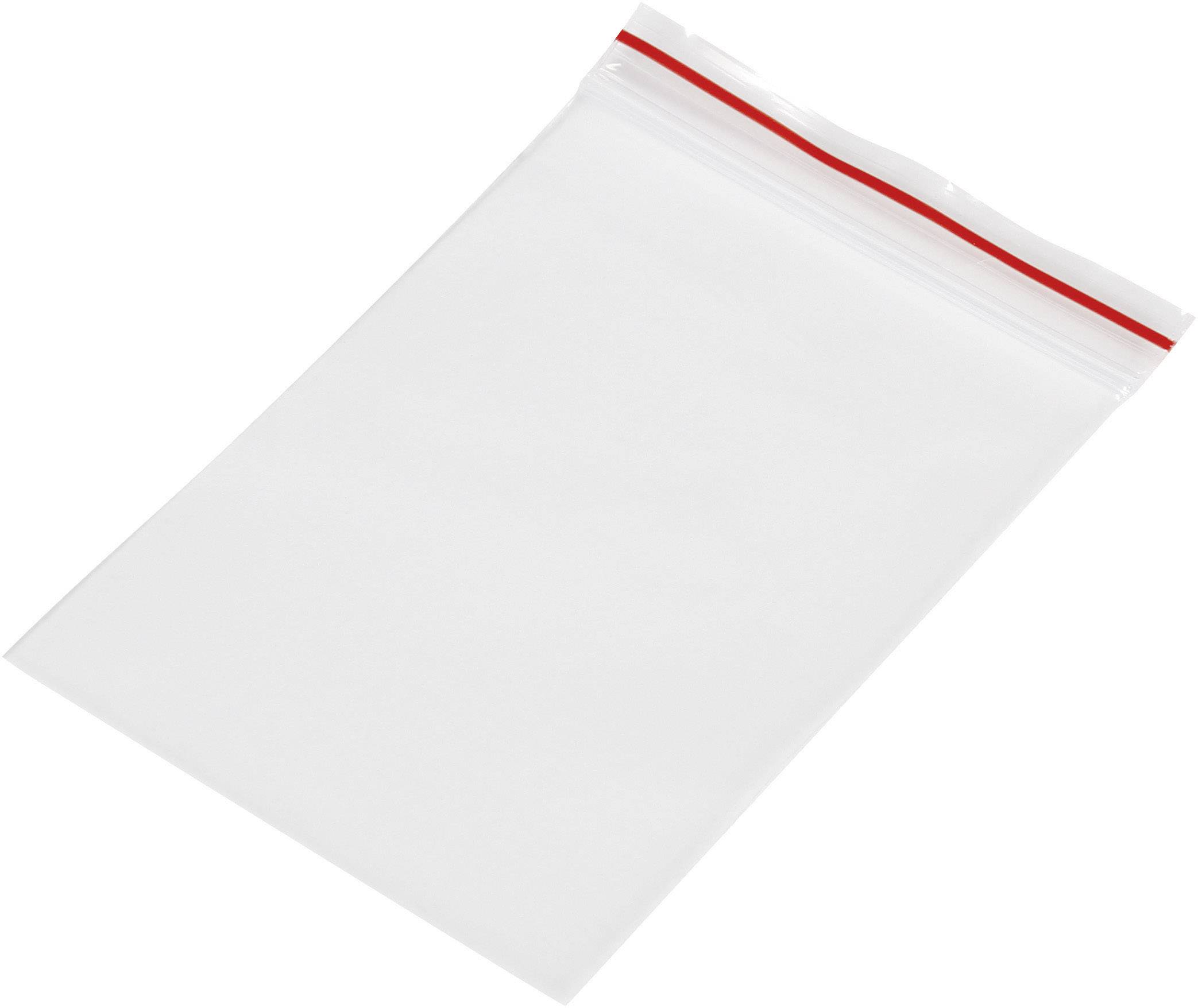 Sac en plastique transparent avec fermeture à glissière rouge, vide et posé sur un fond blanc.
