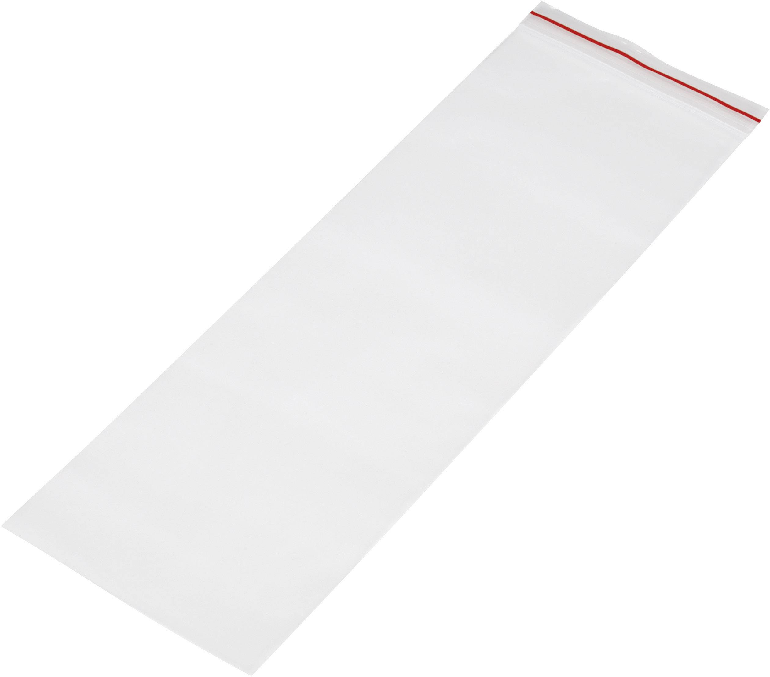 Sac en plastique transparent avec bande de fermeture rouge, posé à plat sur un fond blanc.