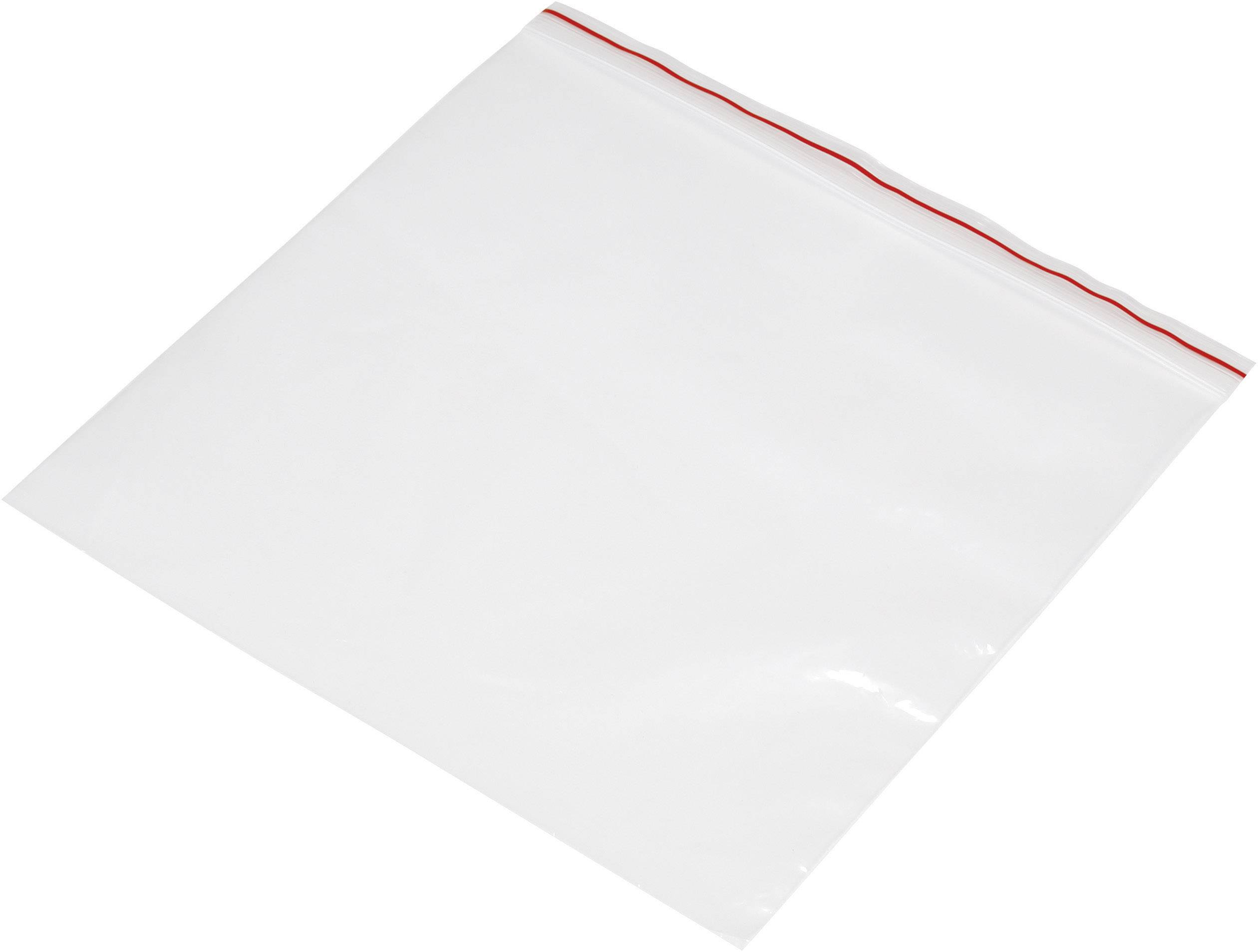 Sachet en plastique transparent refermable avec une bande de fermeture rouge, posé à plat.