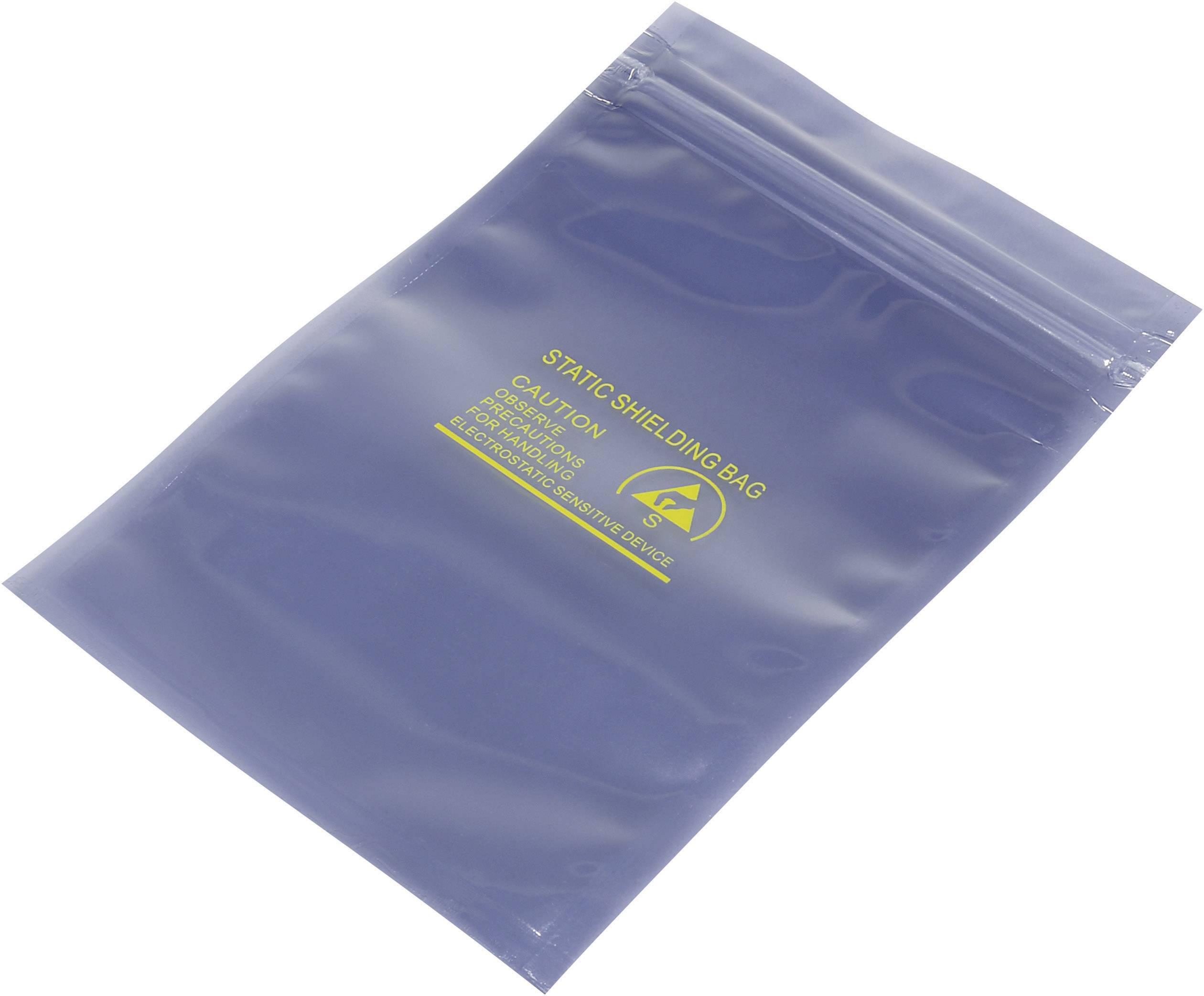 Emballage de protection antistatique en plastique bleu avec marquage d'avertissement jaune, destiné à protéger les composants électroniques sensibles contre les décharges électrostatiques.