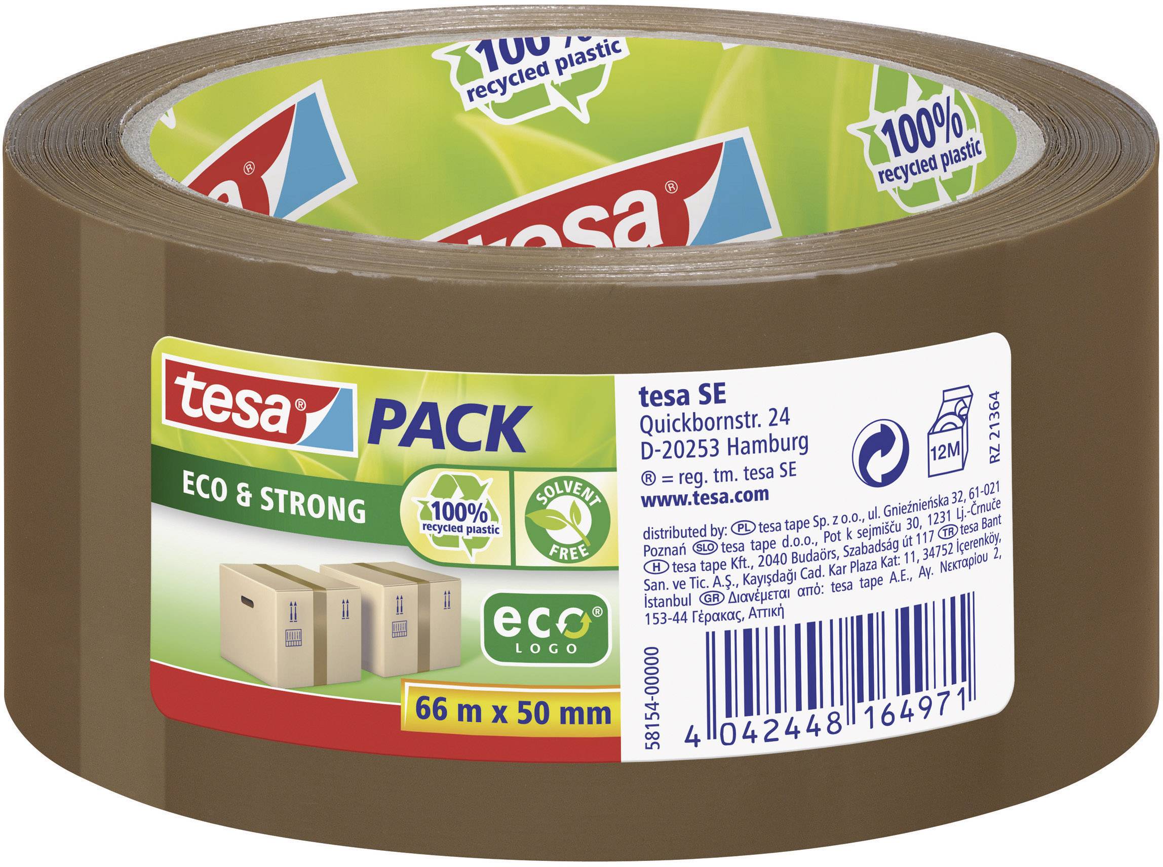Ruban adhésif brun de 'tesa' avec l'inscription 'Eco & Strong'. L'emballage présente le symbole de matériau recyclé et les dimensions 66 m x 50 mm.