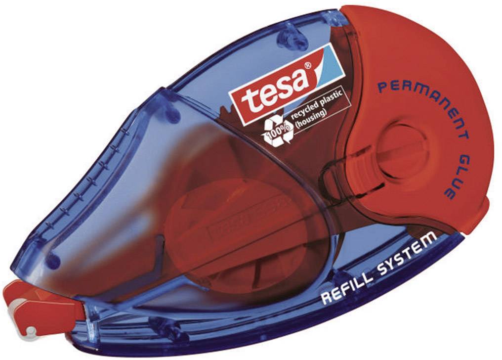 Rouleau de colle transparent bleu de 'tesa' avec un capuchon rouge. Inscription 'PERMANENT GLUE' et 'REFILL SYSTEM' sur la surface.