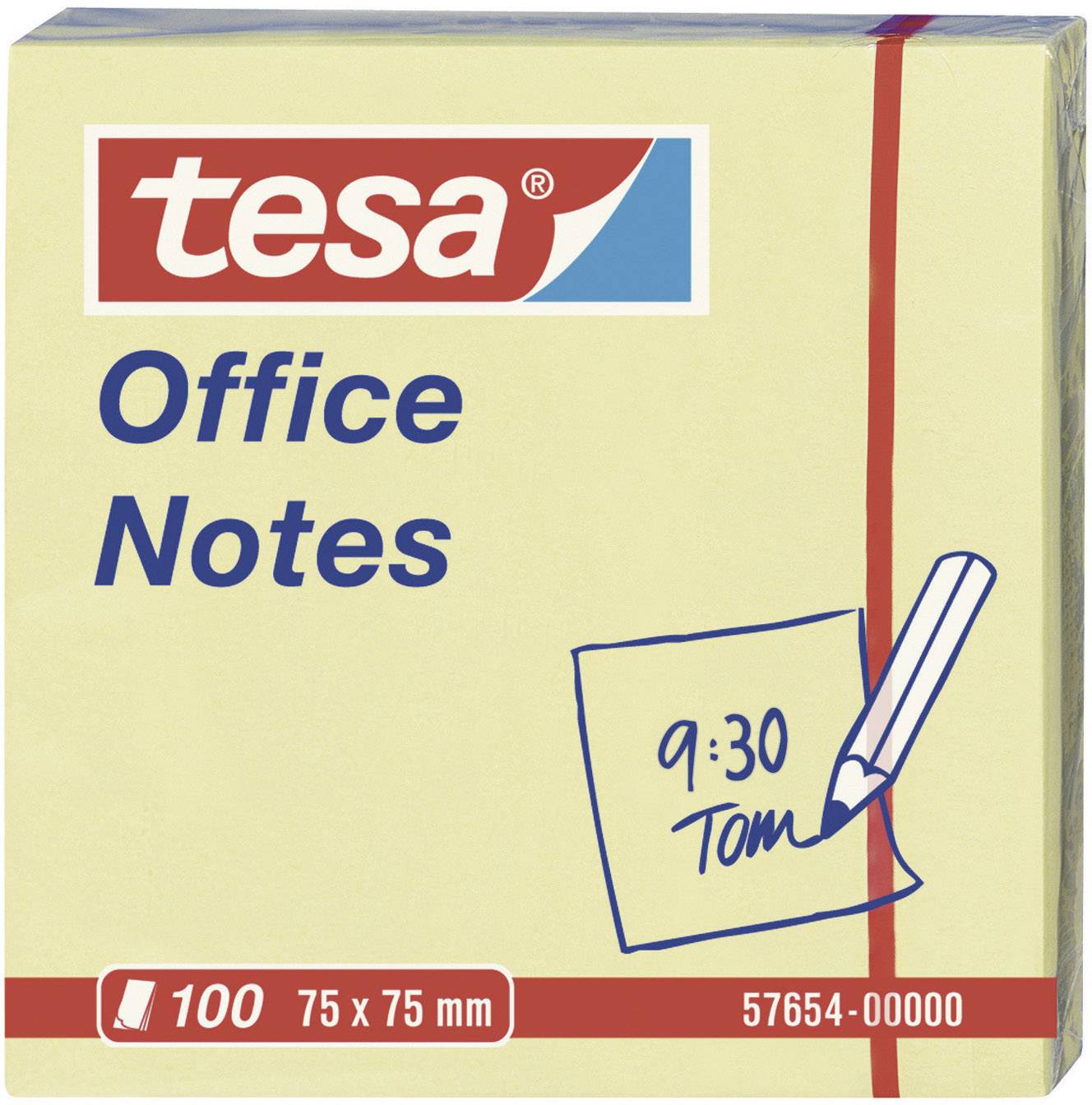 Paquet de 100 notes autocollantes tesa Office, 75 x 75 mm, présentant sur la face avant une esquisse d'un post-it avec l'heure 9h30 et le nom Tom.