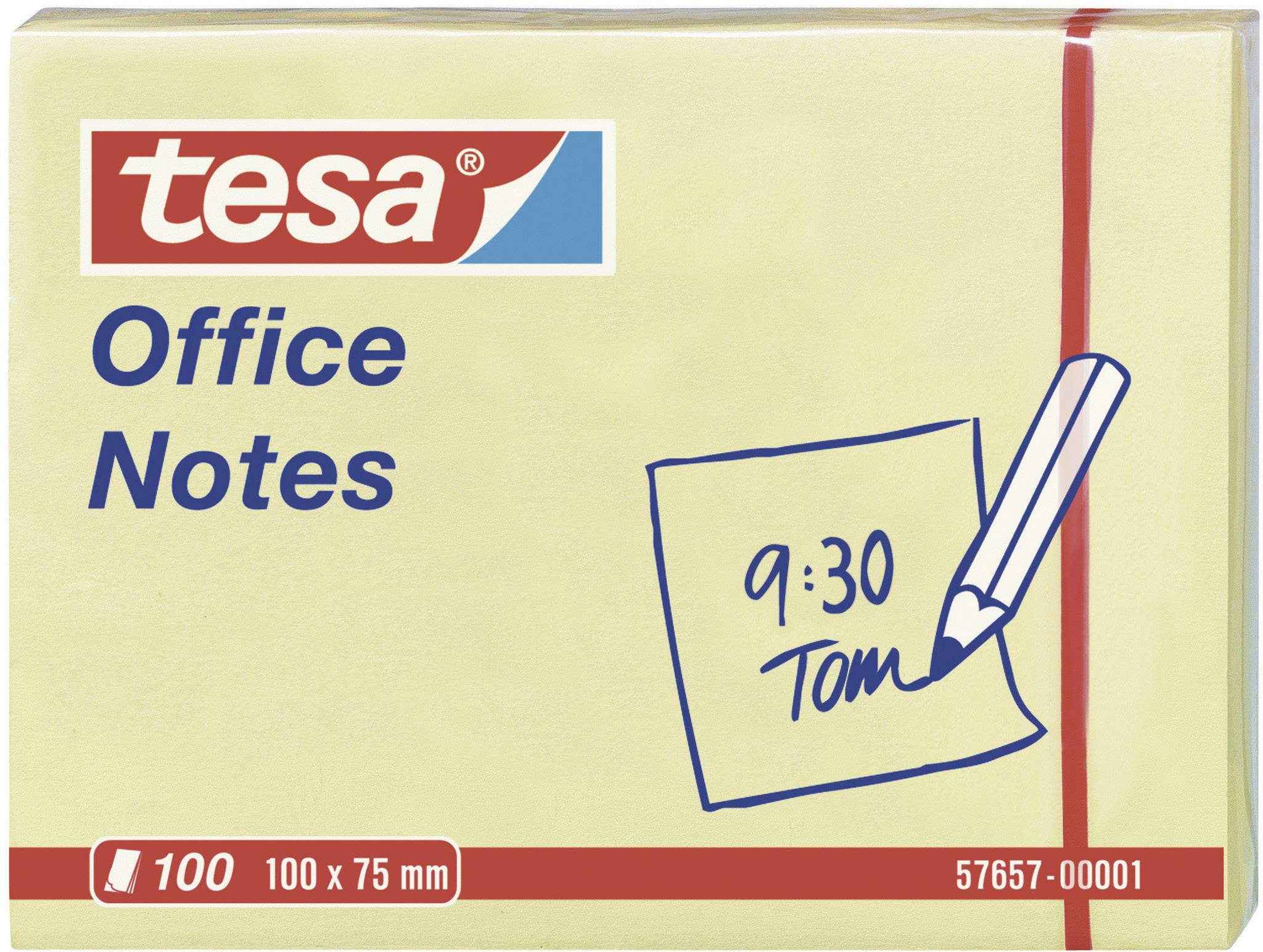 Un paquet de 'tesa Office Notes' au format 100 x 75 mm. Sur un post-it est inscrit à la main '9:30 Tom'.