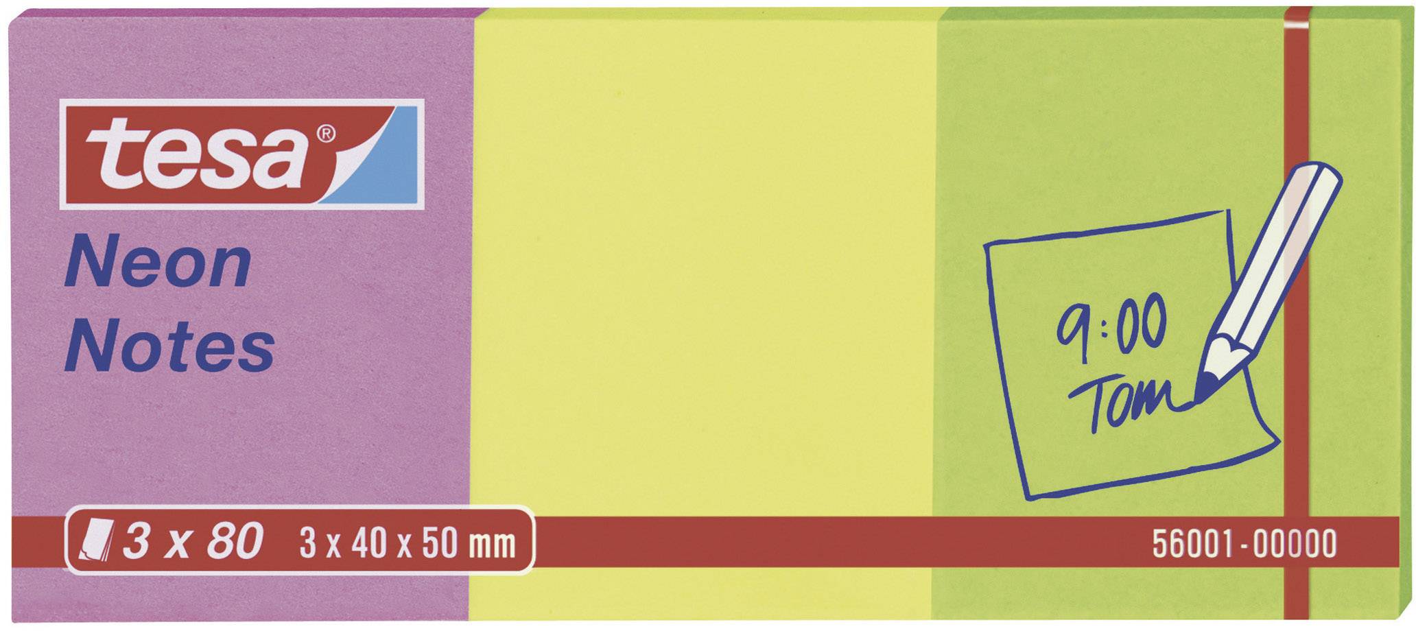 Un paquet de notes adhésives Tesa Neon Notes avec des notes autocollantes en jaune et vert. Contient 3 blocs de 80 feuilles chacun, taille 40 x 50 mm.