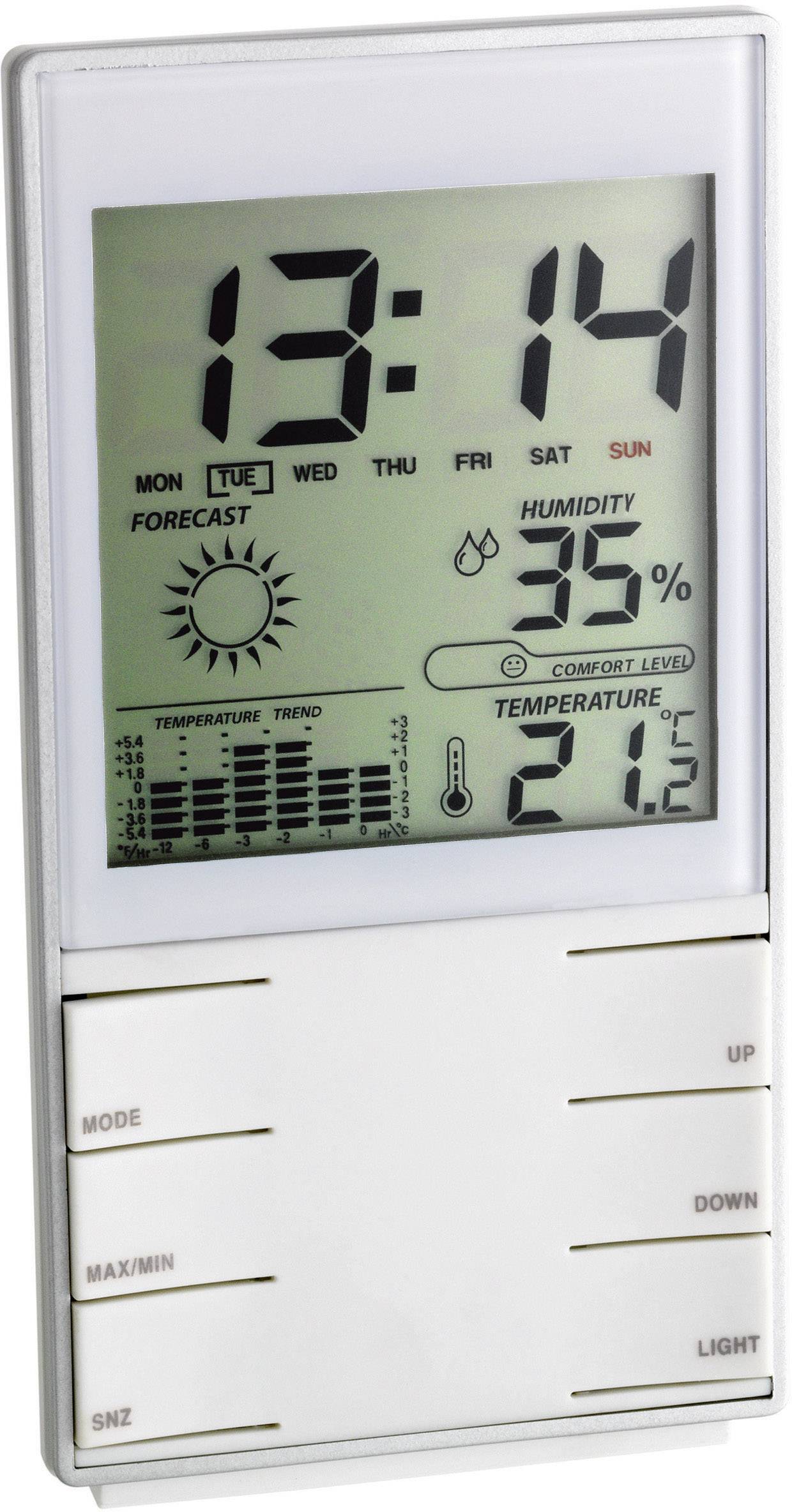 Thermomètre numérique avec horloge et affichage du jour de la semaine. Affiche les prévisions météorologiques, la tendance de température, l'humidité et le niveau de confort.
