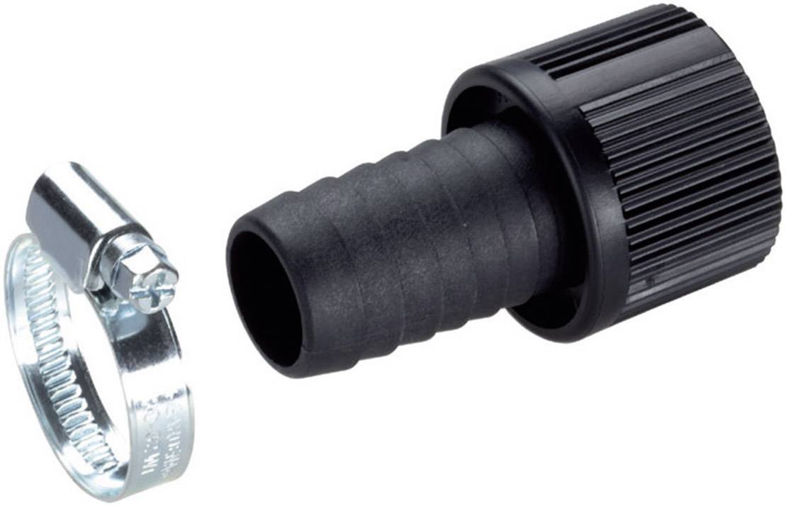 Raccord de tuyau en plastique noir avec embout cannelé et colliers de serrage métalliques pour la fixation sur un autre tuyau.