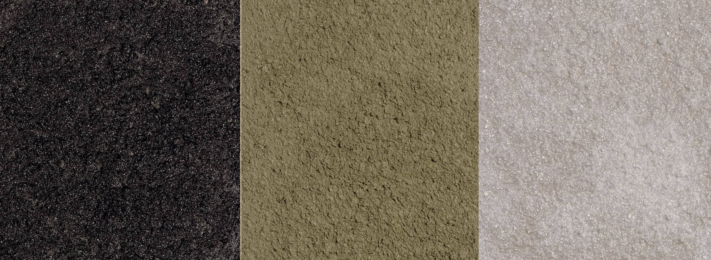 Trois textures côte à côte : Gris foncé, vert olive et gris clair.