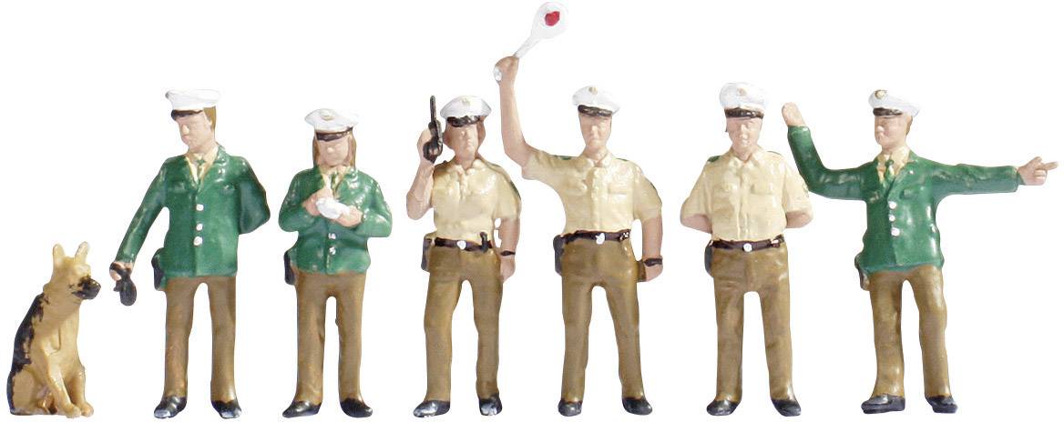 Six figurines miniatures en uniforme de police avec un chien, certaines saluant ou tenant du matériel, symbolisent les tâches policières.