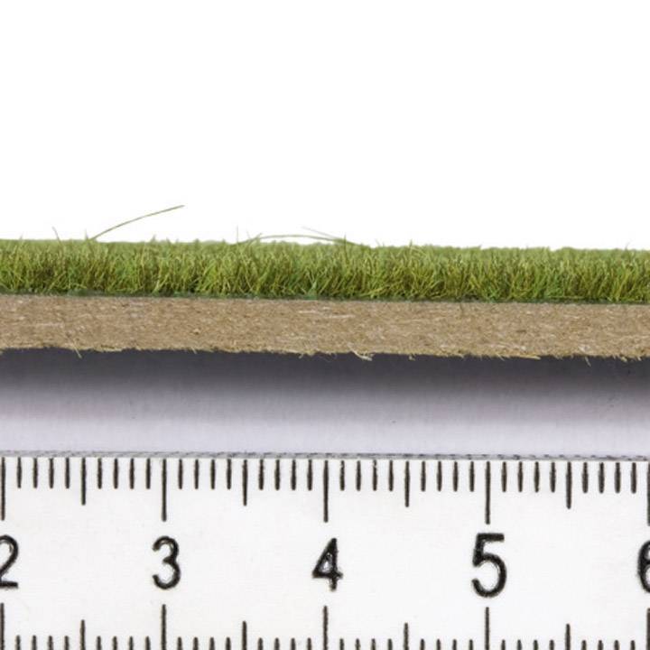 Vue linéale d'une coupe transversale d'un morceau de gazon, montrant environ deux centimètres de terre avec de l'herbe poussant à sa surface.
